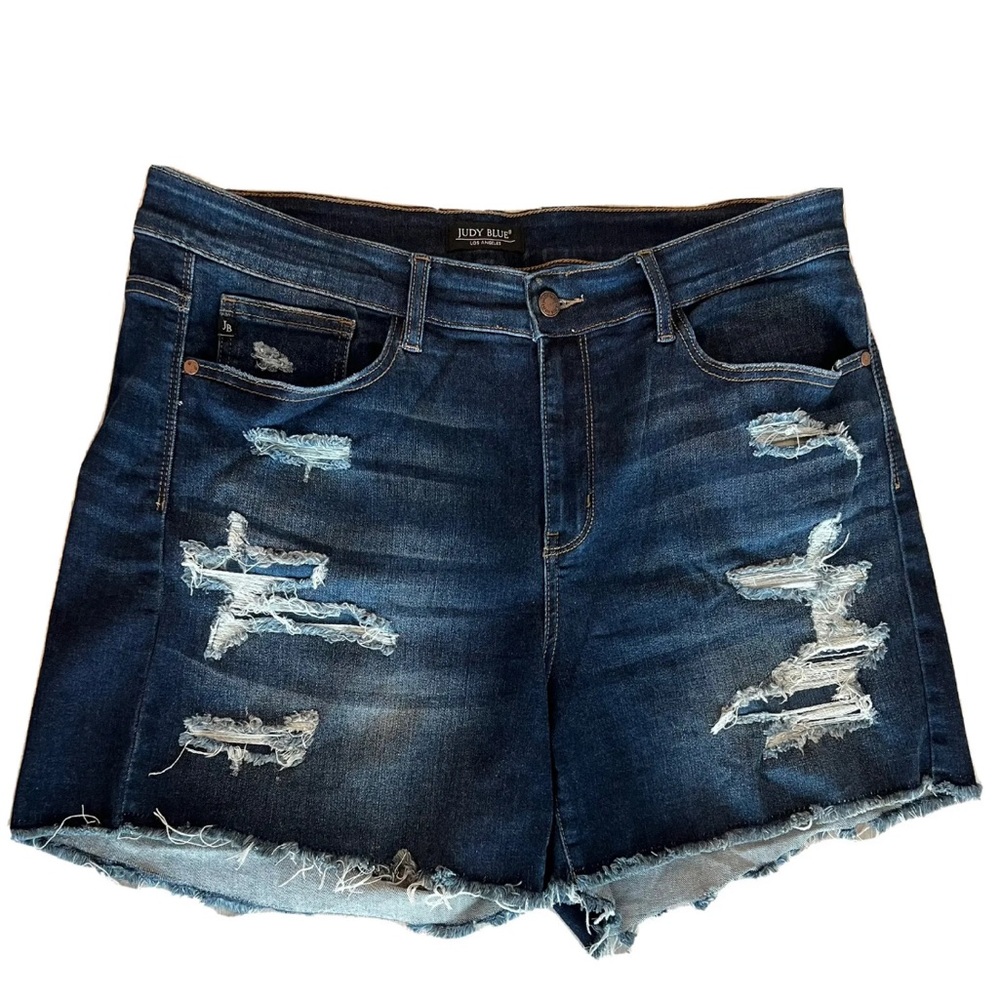 Judy Blue Dark Wash Denim Patch Distressed Cut Off Shorts Women’s Size 2XL